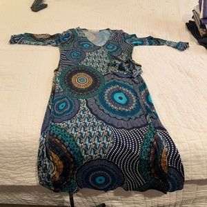 Blue multi color wrap dress. Veronica M brand. Knee length dress.